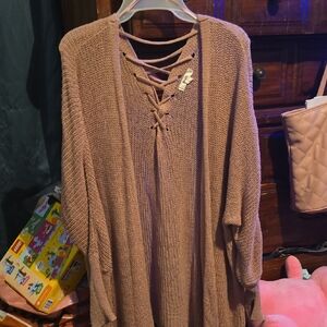 !!. Ladies L  Lace-Up Knit Cardigan - Brown